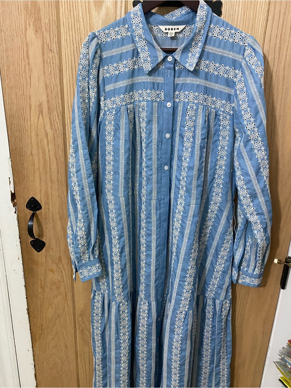 Boden Ellie Cotton Maxi Shirt Dress Broderie Denim Sz 16-18L Missing Belt. - Picture 2 of 8